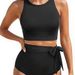 1pc Women 2026 Solid Color European American Style High Waist Sporty Swimwear Fashion Bathing Suit_ecoleips.com