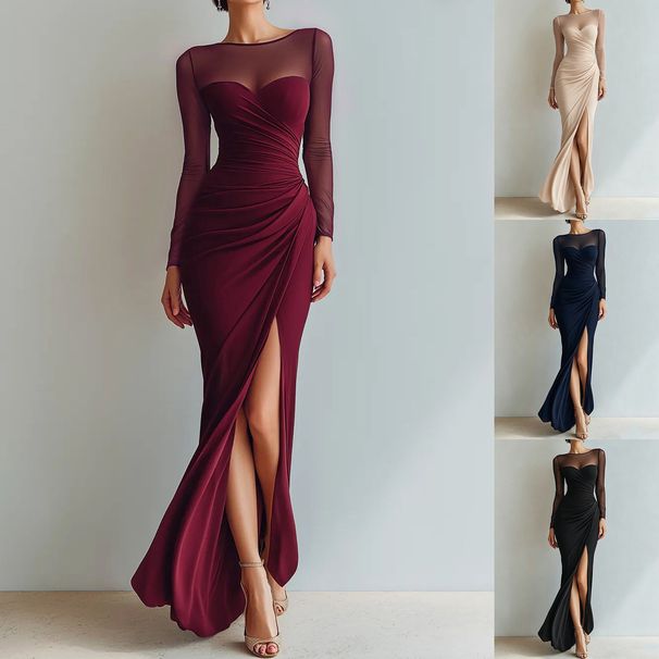 Women's Pleated Waist Cinching High Slit Bodycon Dress Long Sleeved Evening Mesh Independent Website Cross Border Bestseller 2026_ecoleips.com