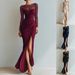 Women's Pleated Waist Cinching High Slit Bodycon Dress Long Sleeved Evening Mesh Independent Website Cross Border Bestseller 2026_ecoleips.com