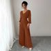 Women's Clothing Elegant V Neck Long Sleeve Jumpsuit Waist Cinching Pleated Commuter Style Fashionable Solid Color Jumpsuit_ecoleips.com