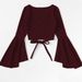 Voya Women's Fashion Design T-shirt With Spring And Summer Bat Sleeves, Short Cut, Exposed Navel, Dark Red Top_ecoleips.com