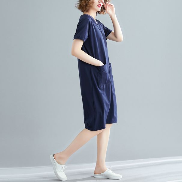 plus Size Women's Summer T-Shirt Dress Loose Korean Style Mid-Length V Neck Solid Color Slimming Short Sleeve for Curvy_ecoleips.com