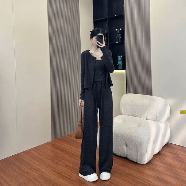 2026 New Autumn Thin Sports Suit Casual Fashion Loose Wide-Leg Pants Cardigan Jacket Three-Piece Set For Women_ecoleips.com