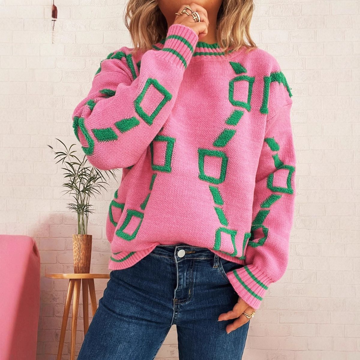 Stylish Letter Embroidery Contrast Color Knit Sweater - Casual Round Neck Long Sleeve Pullover For Women_ecoleips.com