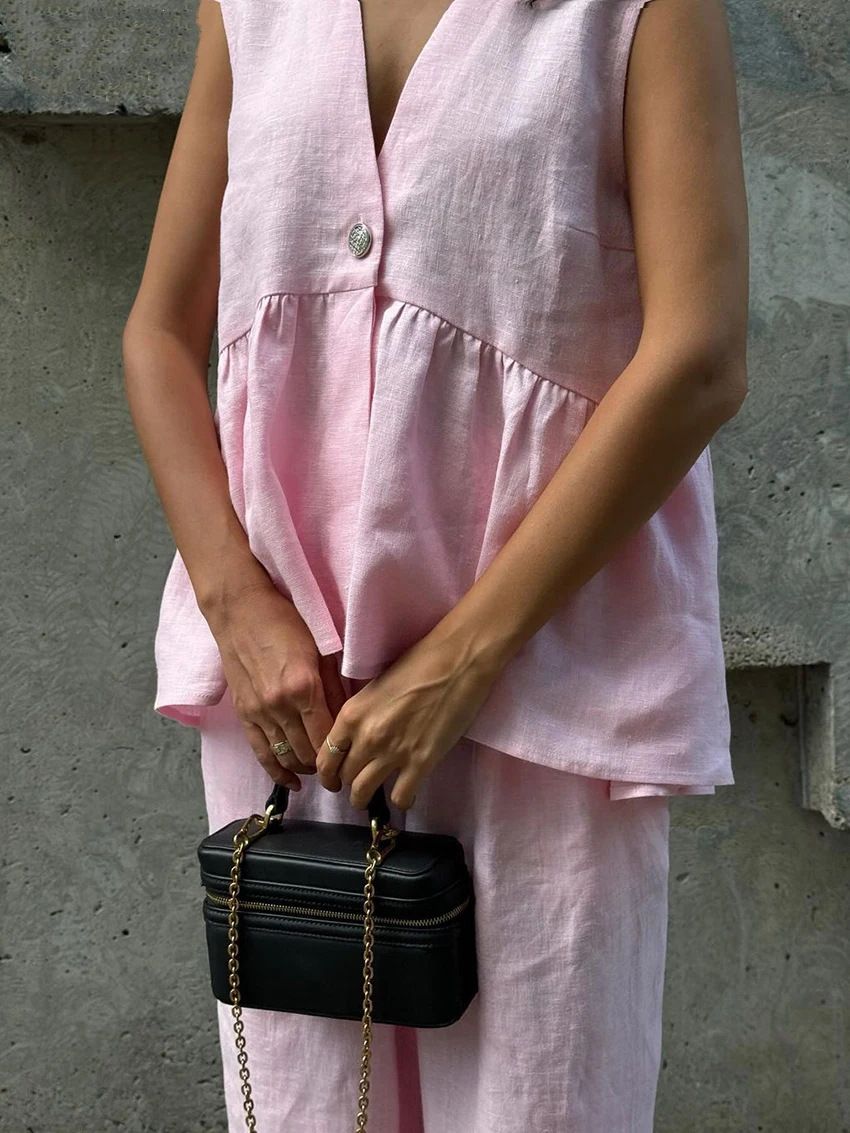 2025 Cotton V-neck Sleeveless Top Vest Long Pants For Women European And American New Style Solid Color Elegant_ecoleips.com