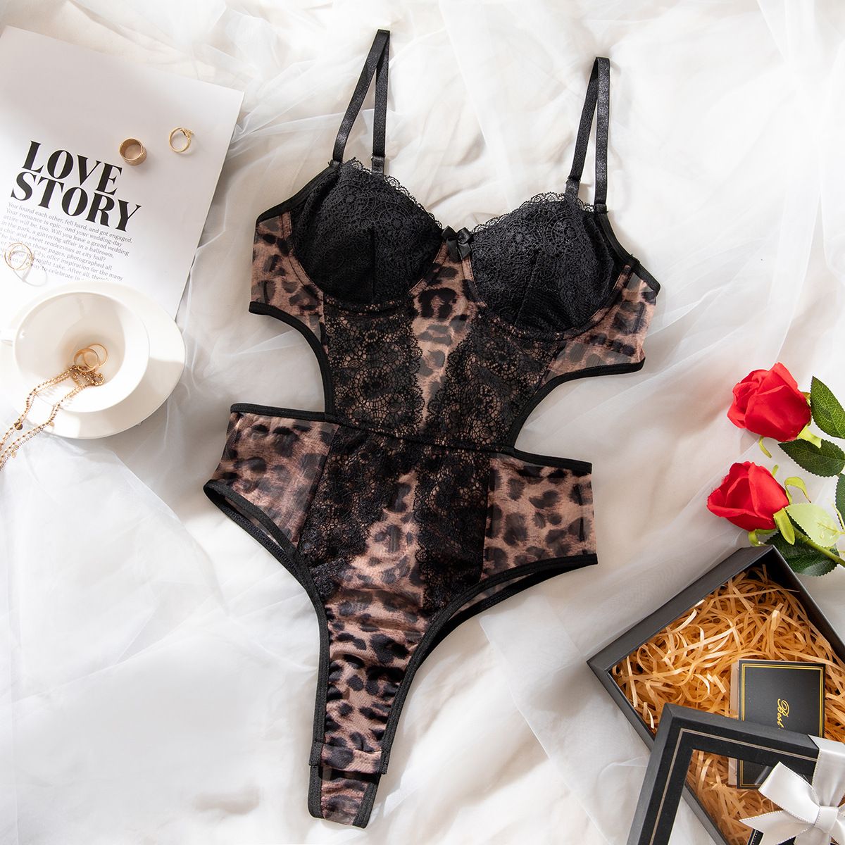 Women's Clothing Lace Splicing Leopard Print Suit Sexy Body Shaping Jumpsuit_ecoleips.com