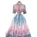 Elegant And Sophisticated Long Dress For Women, Featuring A Tie Waist Design, Three Quarter Sleeves, Openwork Crochet Lace, And Floral Print._ecoleips.com