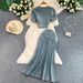 Fashionable V-Neck Bubble Sleeve Blouse With High-Waisted Denim Mermaid Skirt Set - Elegant Two-Piece Outfit For Women_ecoleips.com