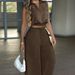 Women's Casual Versatile Collared Sleeveless Top And Drawstring Elastic Waist Trousers Set European American Style Spring Summer New_ecoleips.com