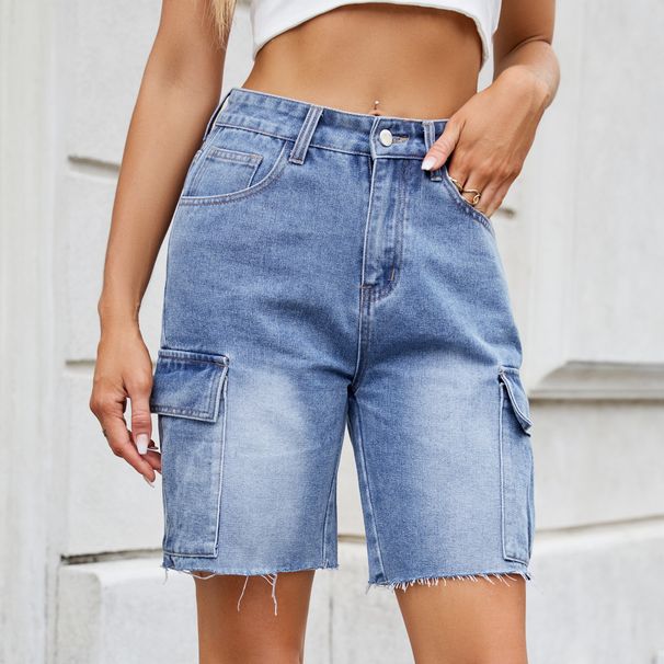 Women's Denim Cargo Shorts - Straight Leg Mid-Length Shorts With Functional Side Pockets_ecoleips.com