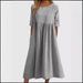 Spring And Summer Round-Neck 5-Quarter Sleeve Large-Sized Casual Loose Long Solid-Color Cotton And Linen Dress_ecoleips.com