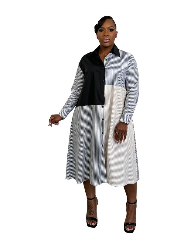Women's Loose Long Sleeved Shirt Dress Color Block Striped Patchwork Crossed European And American Style Autumn Fashion Lazy Dress_ecoleips.com