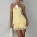Beach Holiday Backless Hollow Out Women's Dress Casual Ruffle Pleated Dating Dress Sexy Halter Neck Solid Color Slim Mini Dress_ecoleips.com