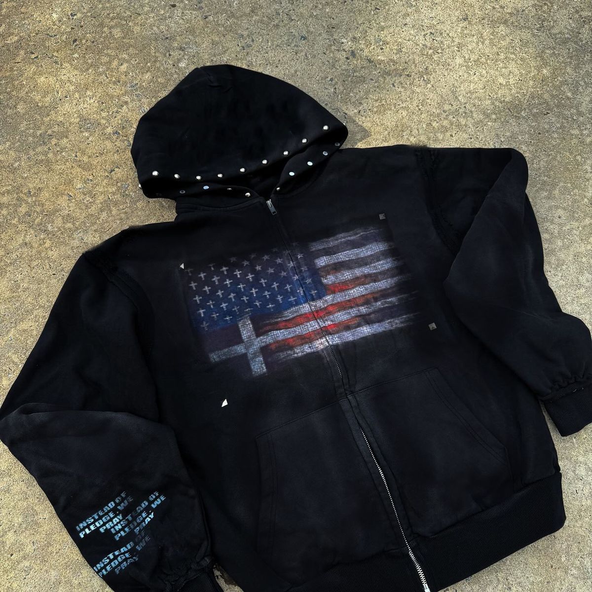 Unisex American Street Style Dark Hoodie with Detachable Frayed Edges American Flag Print Sweatshirt for Women_ecoleips.com