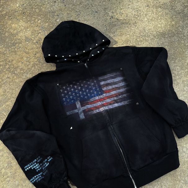Unisex American Street Style Dark Hoodie with Detachable Frayed Edges American Flag Print Sweatshirt for Women_ecoleips.com