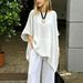 Women's Casual Solid Color round Neck Shirt 3/4 Sleeve Cotton And Linen Blend European American Style Fashion Top Irregular Hem_ecoleips.com