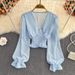 French V Neck Crossover Slim Fit Chiffon Blouse Women's Polka Dot Puff Sleeve Casual Top Waist Cinching Short Style Spring Autumn_ecoleips.com