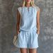 Women's Solid Color V Neck Button Up Short Sleeved Shorts Set Casual Two Piece Spring/Summer Fashion_ecoleips.com
