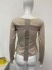 Women's Slim Fit Long Sleeve T-Shirt Patchwork Appliqué off Shoulder Base Shirt Khaki European American Style Summer New Arrival_ecoleips.com