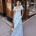 Women's Sexy Square Neck Puff Sleeve Floral Print Tie Front Mini Dress – Summer Resort Gown 2026_ecoleips.com