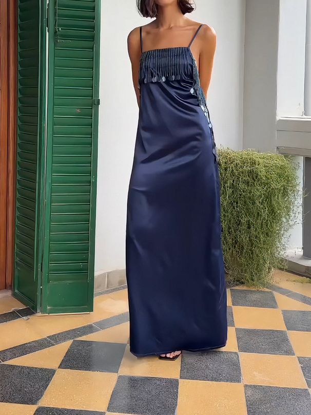 New Luxury Sexy Tassel Sequin Evening Dress Women Spring Solid Satin Sling Long Dress Summer Backless Hollow Bohemian Maxi Dress_ecoleips.com