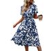 Spring/Summer Short-Sleeved V-Neck Dress With Leaf Print And Wide Skirt, Waist-Bound Design_ecoleips.com