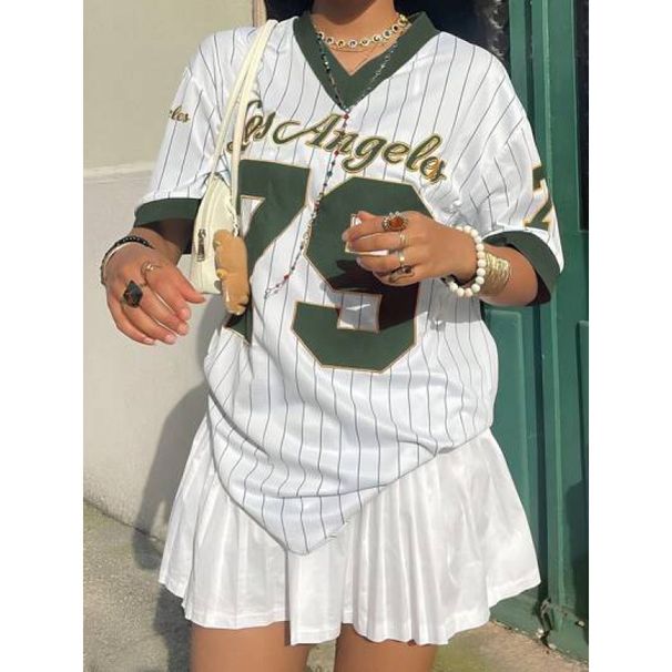 Women's Clothing Sports Style Hot American Retro Jersey Loose Street V Neck Striped Short Sleeved T Shirt Top_ecoleips.com