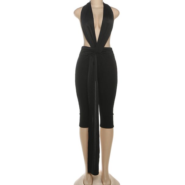 K European And American Style New Fashionable Solid Color Sexy Hot Girl Sleeveless Hanging Neck Backless Tight Jumpsuit_ecoleips.com