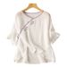 Women's Tang-Style Shirt Made Of Pure Cotton, With Half-Length Sleeves And Embroidered Buttons; Features A Retro Artisti_ecoleips.com