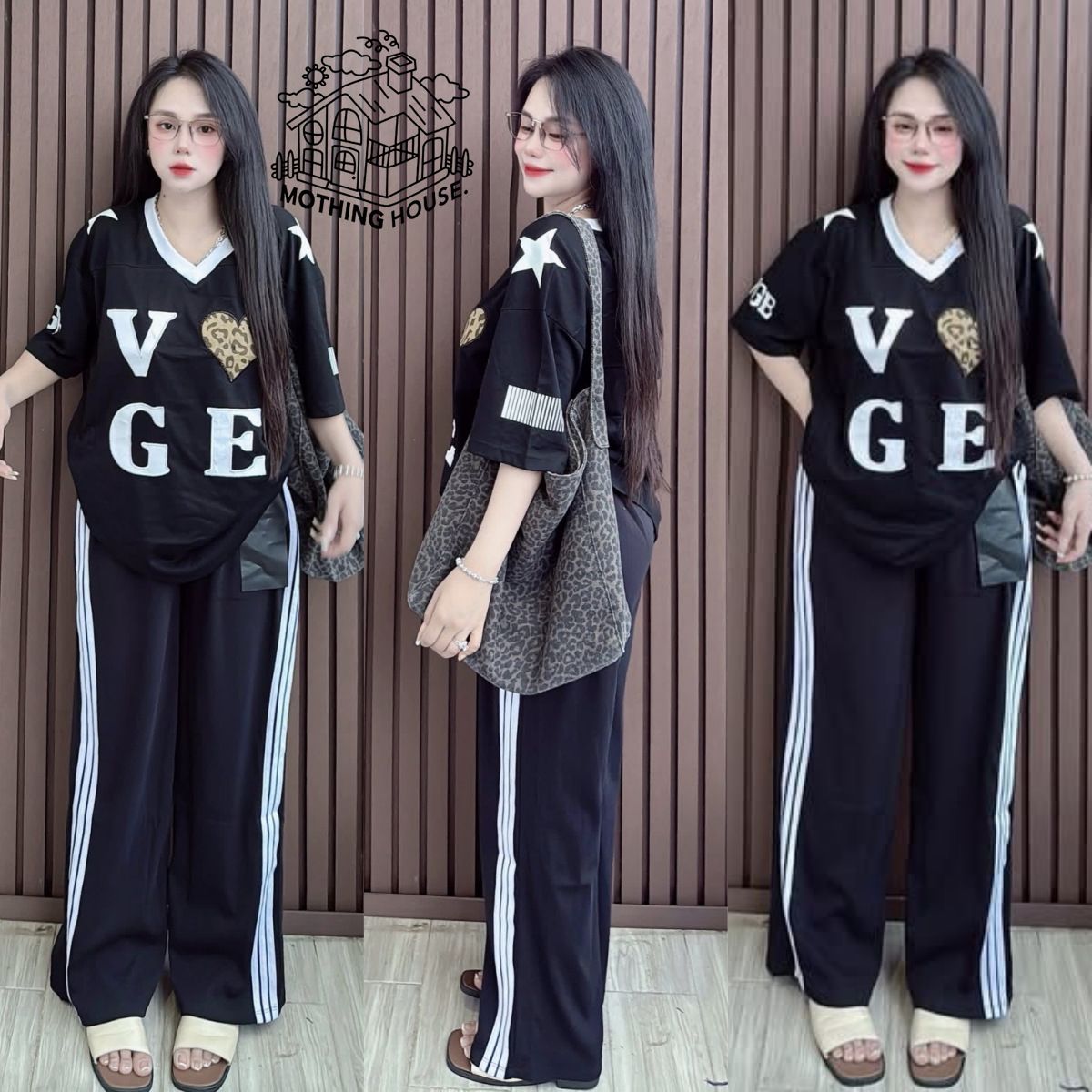 Plus Size Women's Summer Casual V Neck Color Block Letter Print Top With Wide Leg Pants Loose Fit Fashion Clothing Set_ecoleips.com