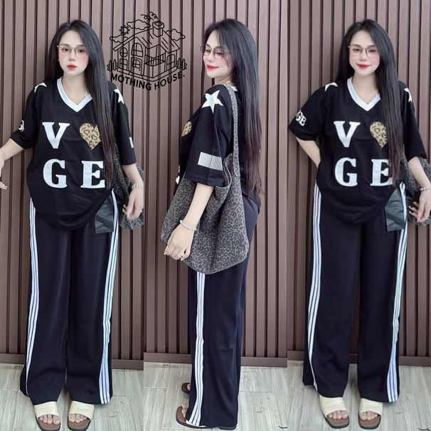 Plus Size Women's Summer Casual V Neck Color Block Letter Print Top With Wide Leg Pants Loose Fit Fashion Clothing Set_ecoleips.com