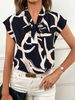 Brush Print Tie Neck Blouse, Elegant Short Sleeve Top For Spring & Summer, Women's Clothing_ecoleips.com