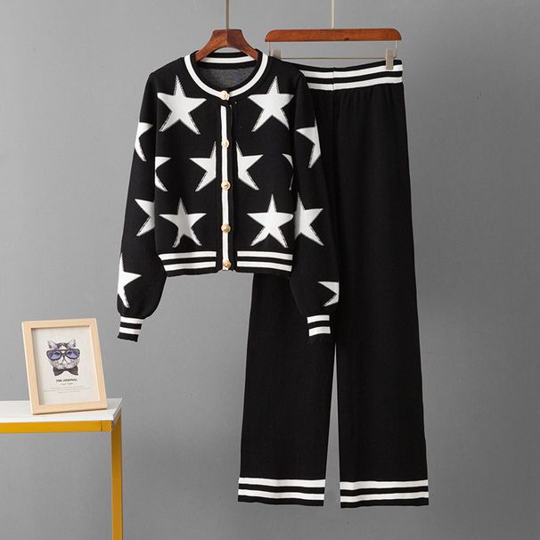 Classic Star Contrast Color Round Neck Short Fit Elegant Knit Blazer & Pants Set For Women Women's Clothing_ecoleips.com