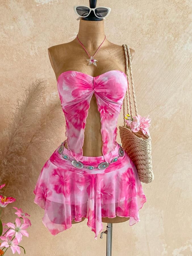 Women's Clothing Women's Vacation Style Two Piece Set Mesh Printed Knotted Top Irregular Skirt For Formal & Casual_ecoleips.com