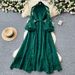 Women's Clothing Style Elegant Stand Up Collar Single Breasted Heavy Hook Flower Embroidery Lantern Sleeve Tie Waist Long Dress_ecoleips.com