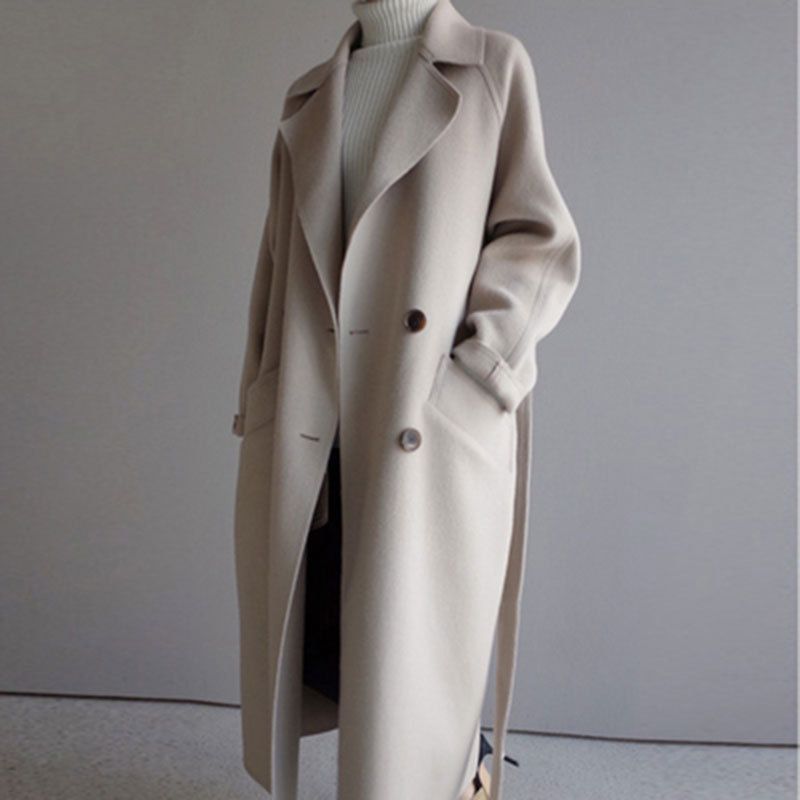 "Women's Oversized Wool-Blend Trench Coat – Knee-Length Relaxed Fit With Belted Waist, Korean-Inspired Fall Essential"_ecoleips.com