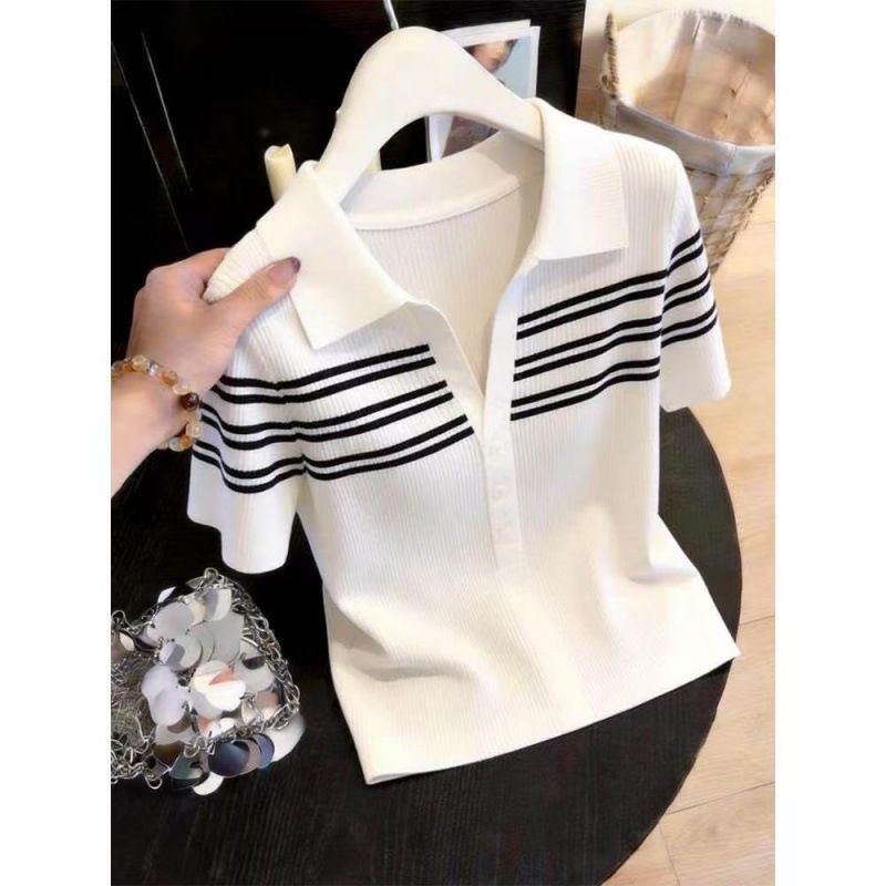 Women's Korean Style Striped T-Shirt White Short Sleeved Half Open Collar Summer 2026 New Design Popular And Youthful Top_ecoleips.com