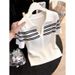 Women's Korean Style Striped T-Shirt White Short Sleeved Half Open Collar Summer 2026 New Design Popular And Youthful Top_ecoleips.com
