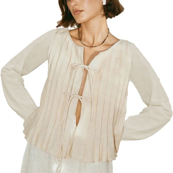 2025 New Women's Tie Cotton Linen Long Sleeve Shirt_ecoleips.com