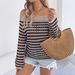 2026 Spring Summer Striped Hollow Out Casual Loose Knit Top Vacation Off-Shoulder Blouse Cross-Border Women's_ecoleips.com