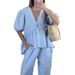 Women's Sweet Solid Color 2-Piece Set V Neck Top with Bubble Short Sleeves Pure Cotton Spring Summer New Cross Border European American Style_ecoleips.com