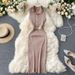European And American Stand Up Collar Button Down Slim Fit Stretch Knitted Vest Skirt With Slim Waist And Medium Length Hip Wrapped Bottoming Skirt_ecoleips.com