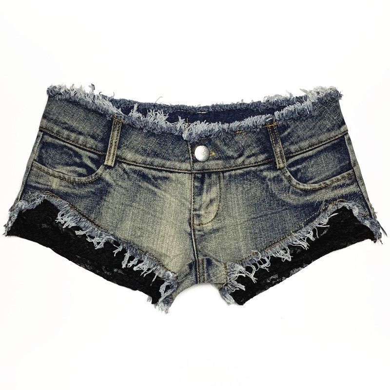 Sexy Y2k Women's Jeans Denim Shorts Splice Lace Ultra-low Rise Hot Pants Nightclub DJ Pole Dance DS Party Vintage Ripped Shorts_ecoleips.com