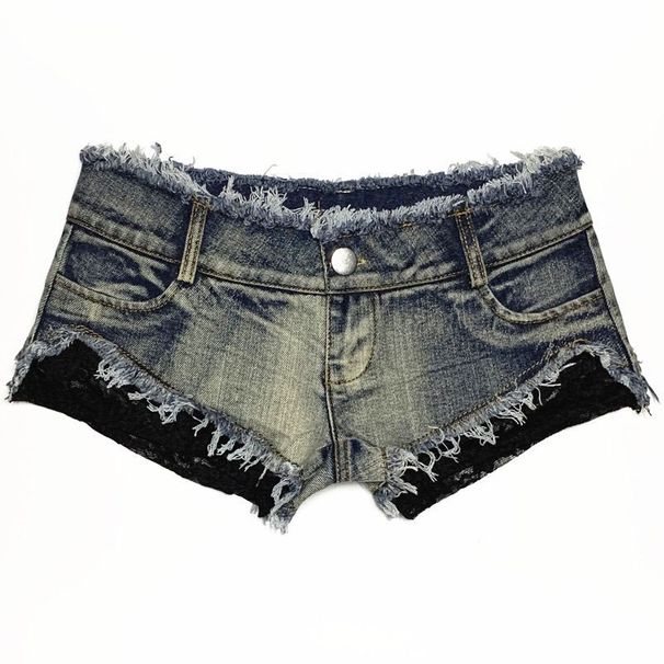 Sexy Y2k Women's Jeans Denim Shorts Splice Lace Ultra-low Rise Hot Pants Nightclub DJ Pole Dance DS Party Vintage Ripped Shorts_ecoleips.com