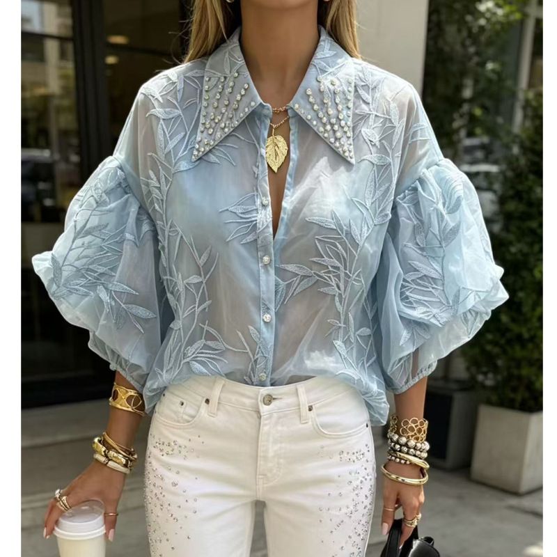 Women's Clothing Casual Blouse High End Rhinestone Embellished Slimming Trendy Top_ecoleips.com
