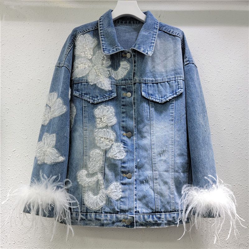 Women’s Clothing Spring New European Fashion Heavy Beaded Sequined Stitching Ostrich Fur Denim Jacket Women's Trend_ecoleips.com