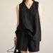 Fashion And Casual Sleeveless Shorts Set For Women In Summer 2025, New Loose Plus V-neck Solid Color Vest Two-piece Set_ecoleips.com
