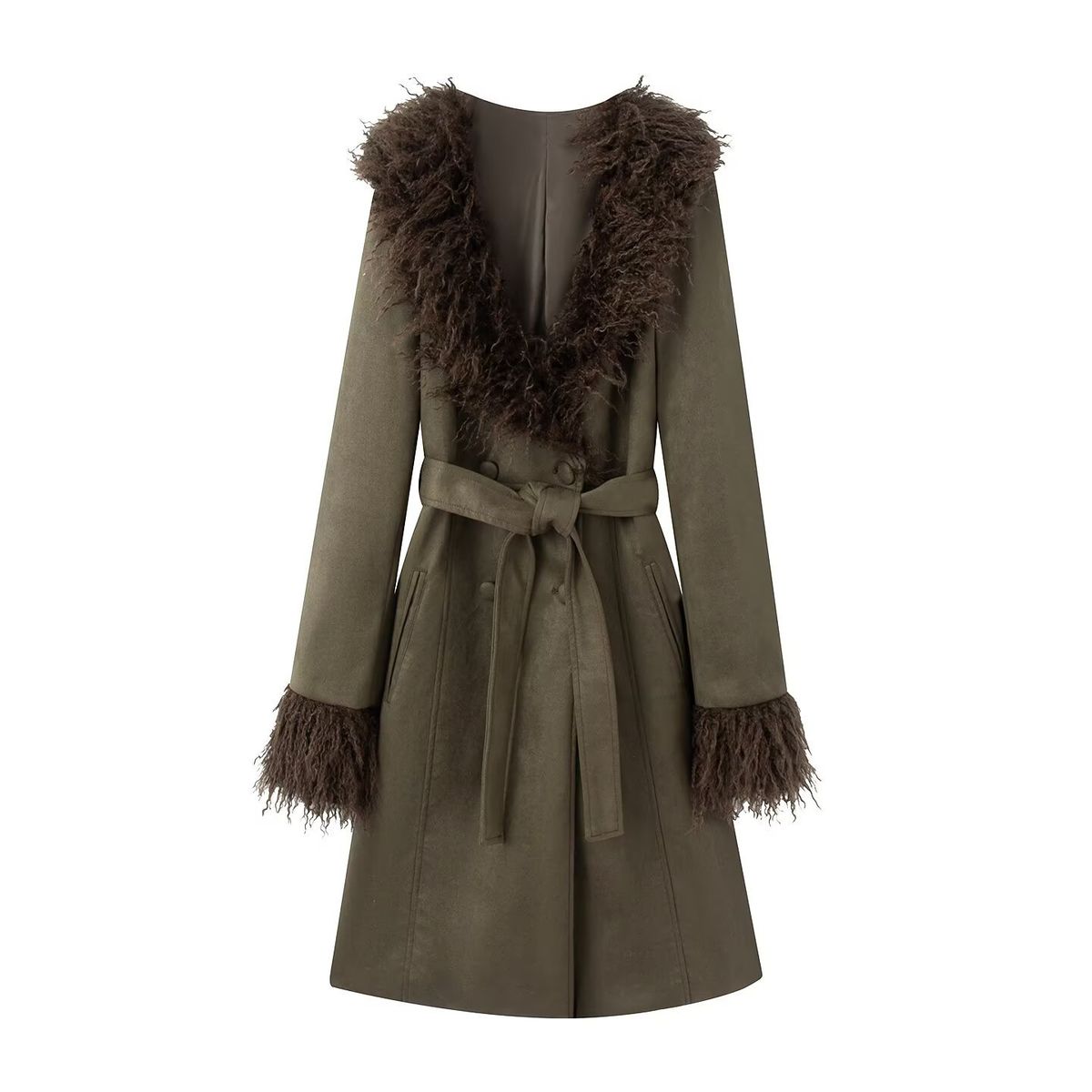 Women's Long Wool Blend Trench Coat With Detachable Faux Fur Collar – Elegant Belted Overcoat For Autumn & Winter_ecoleips.com