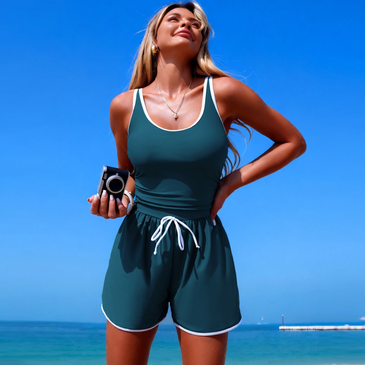 Women's One Piece Swimsuit Solid Color Sporty Conservative Cross Design New Style Hot Selling Bikini_ecoleips.com