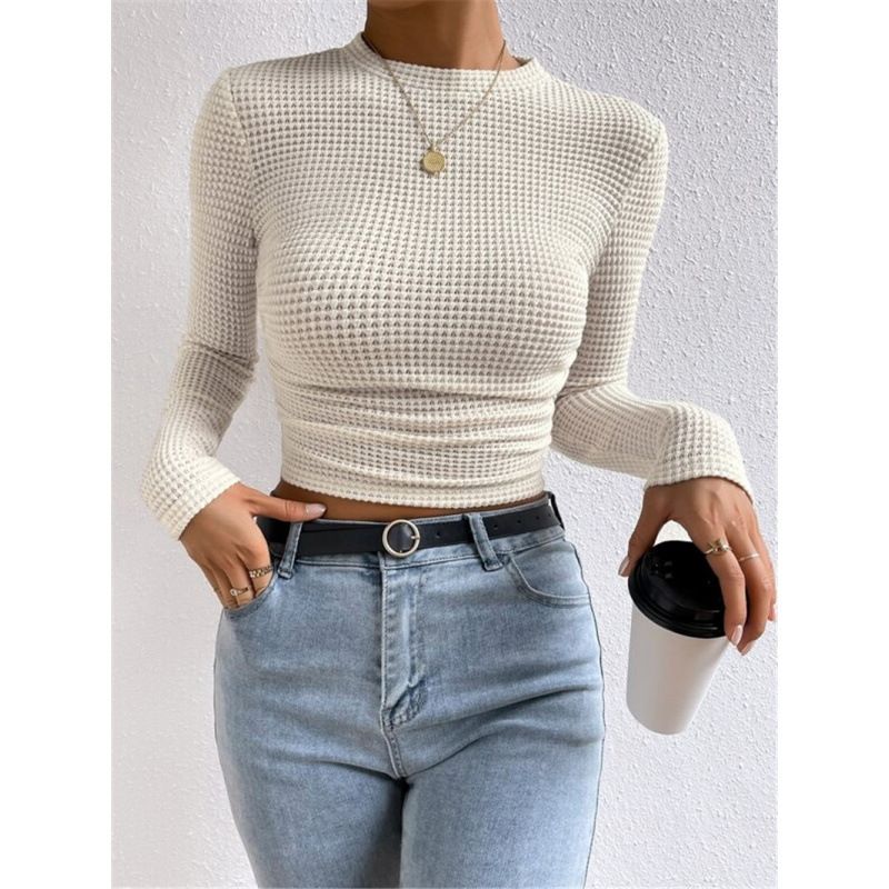 Wholesale Of Long-Sleeved Checkered Round Women's T-Shirts And Pleated Tops For Autumn And Winter Fashion, Slimming And_ecoleips.com